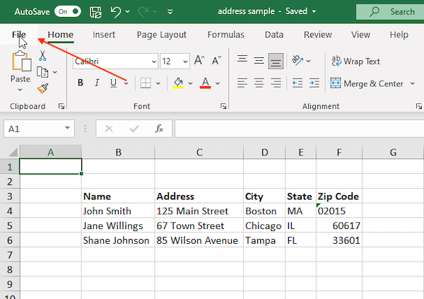 address spreadsheet example